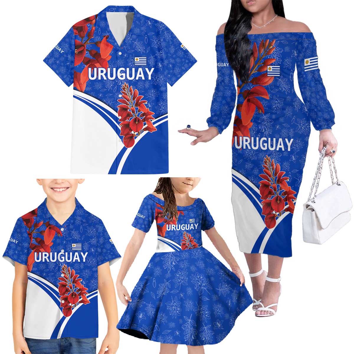 Uruguay Family Matching Off The Shoulder Long Sleeve Dress and Hawaiian Shirt with Erythrina Flower Illustration Blue White Nature - Wonder Print Shop