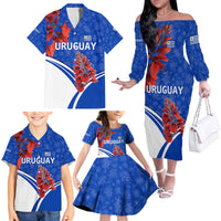 Uruguay Family Matching Off The Shoulder Long Sleeve Dress and Hawaiian Shirt with Erythrina Flower Illustration Blue White Nature - Wonder Print Shop