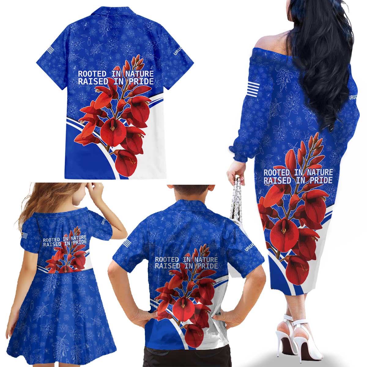 Uruguay Family Matching Off The Shoulder Long Sleeve Dress and Hawaiian Shirt with Erythrina Flower Illustration Blue White Nature - Wonder Print Shop