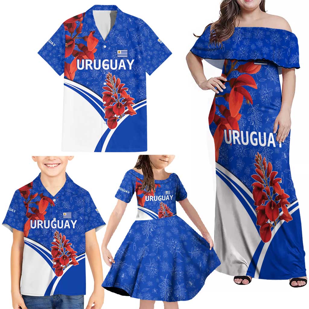Uruguay Family Matching Off Shoulder Maxi Dress and Hawaiian Shirt with Erythrina Flower Illustration Blue White Nature - Wonder Print Shop
