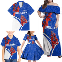Uruguay Family Matching Off Shoulder Maxi Dress and Hawaiian Shirt with Erythrina Flower Illustration Blue White Nature - Wonder Print Shop