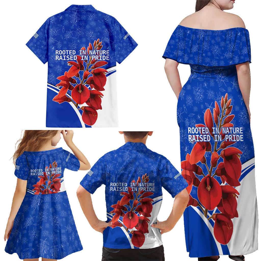 Uruguay Family Matching Off Shoulder Maxi Dress and Hawaiian Shirt with Erythrina Flower Illustration Blue White Nature - Wonder Print Shop