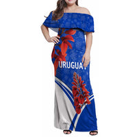 Uruguay Family Matching Off Shoulder Maxi Dress and Hawaiian Shirt with Erythrina Flower Illustration Blue White Nature - Wonder Print Shop