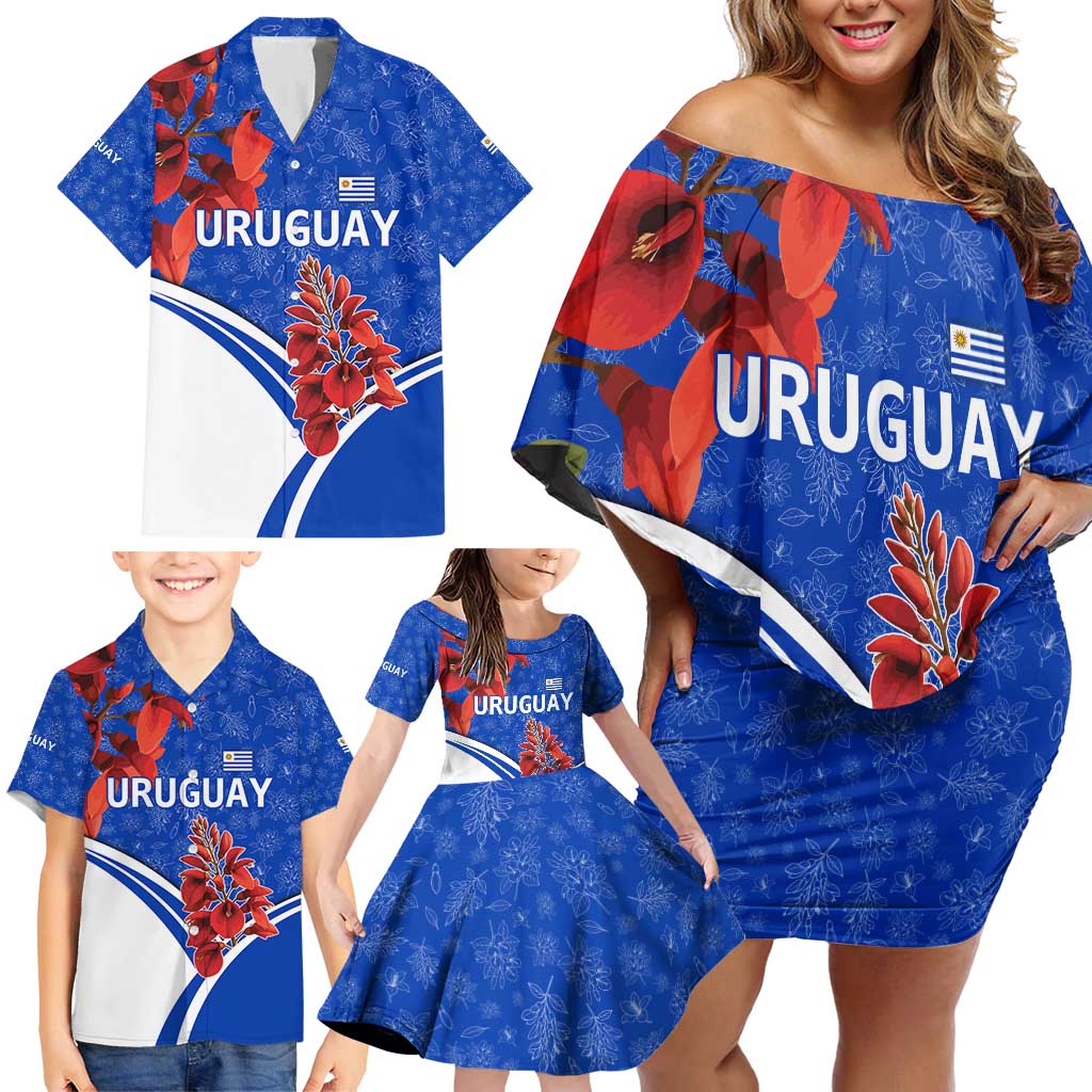 Uruguay Family Matching Off Shoulder Short Dress and Hawaiian Shirt with Erythrina Flower Illustration Blue White Nature - Wonder Print Shop