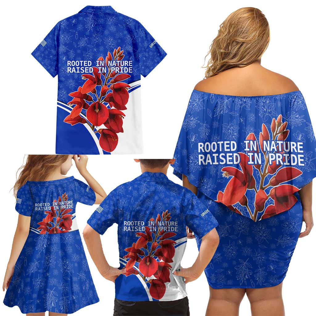 Uruguay Family Matching Off Shoulder Short Dress and Hawaiian Shirt with Erythrina Flower Illustration Blue White Nature - Wonder Print Shop