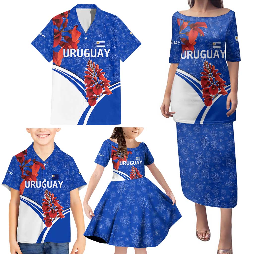 Uruguay Family Matching Puletasi and Hawaiian Shirt with Erythrina Flower Illustration Blue White Nature - Wonder Print Shop