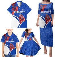 Uruguay Family Matching Puletasi and Hawaiian Shirt with Erythrina Flower Illustration Blue White Nature - Wonder Print Shop
