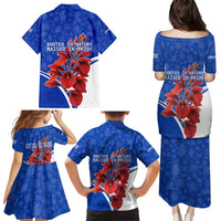 Uruguay Family Matching Puletasi and Hawaiian Shirt with Erythrina Flower Illustration Blue White Nature - Wonder Print Shop