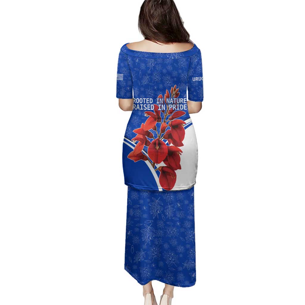 Uruguay Family Matching Puletasi and Hawaiian Shirt with Erythrina Flower Illustration Blue White Nature - Wonder Print Shop