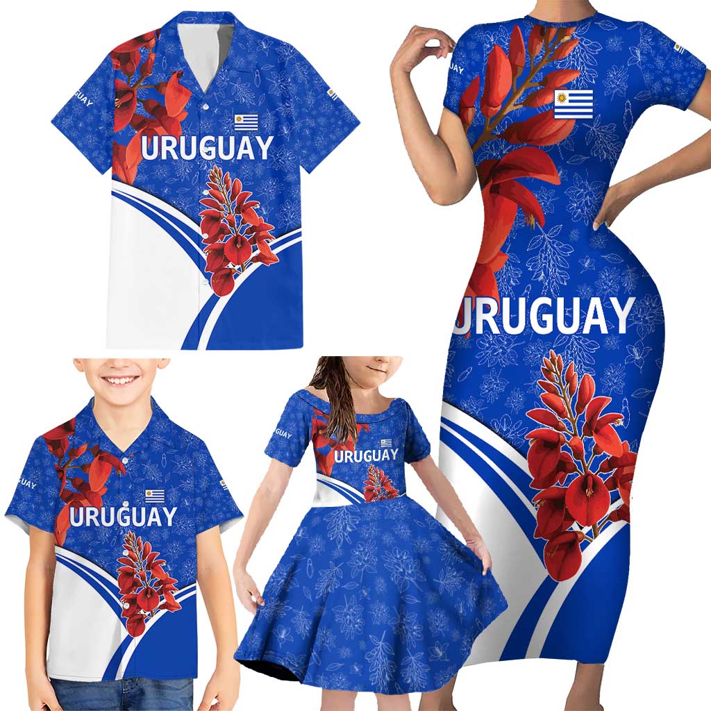 Uruguay Family Matching Short Sleeve Bodycon Dress and Hawaiian Shirt with Erythrina Flower Illustration Blue White Nature - Wonder Print Shop