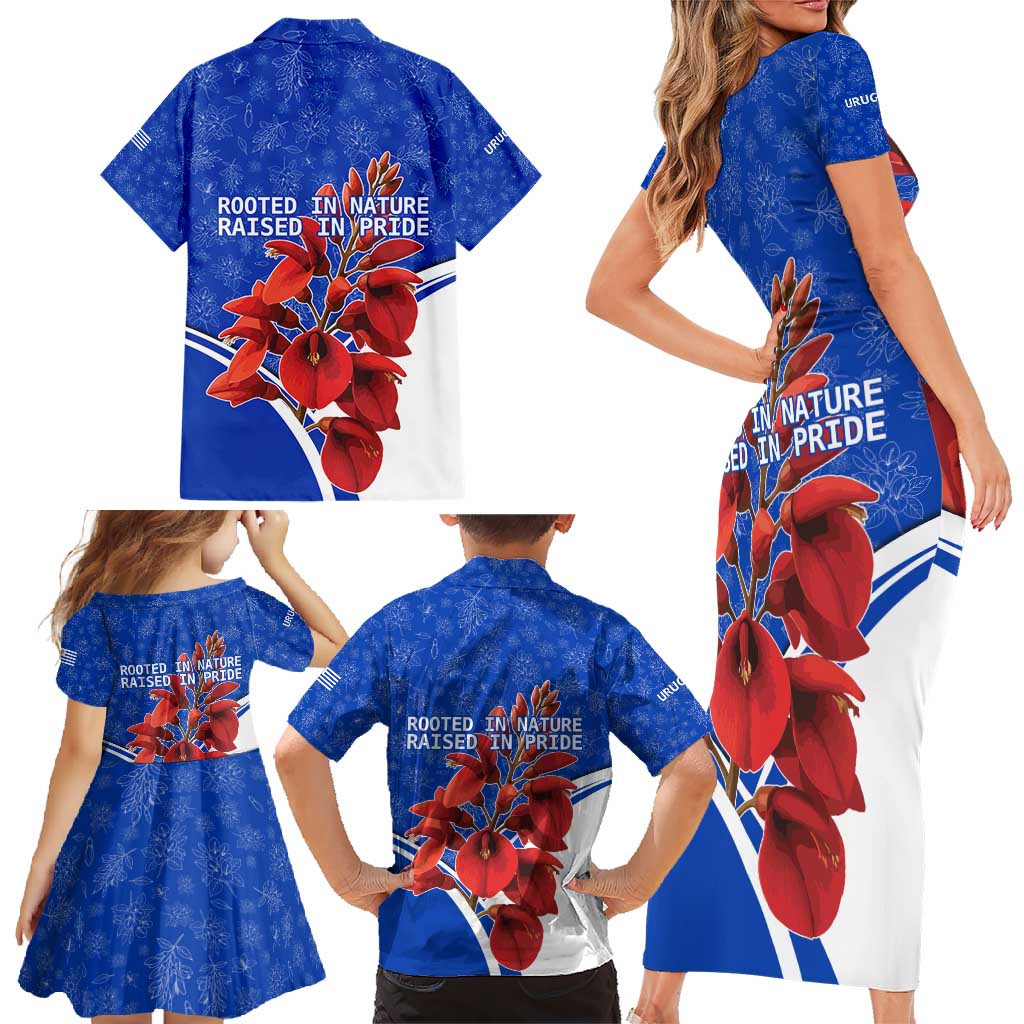 Uruguay Family Matching Short Sleeve Bodycon Dress and Hawaiian Shirt with Erythrina Flower Illustration Blue White Nature - Wonder Print Shop