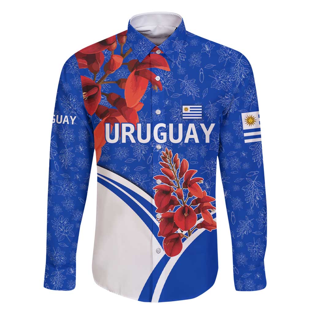 Uruguay Family Matching Short Sleeve Bodycon Dress and Hawaiian Shirt with Erythrina Flower Illustration Blue White Nature - Wonder Print Shop