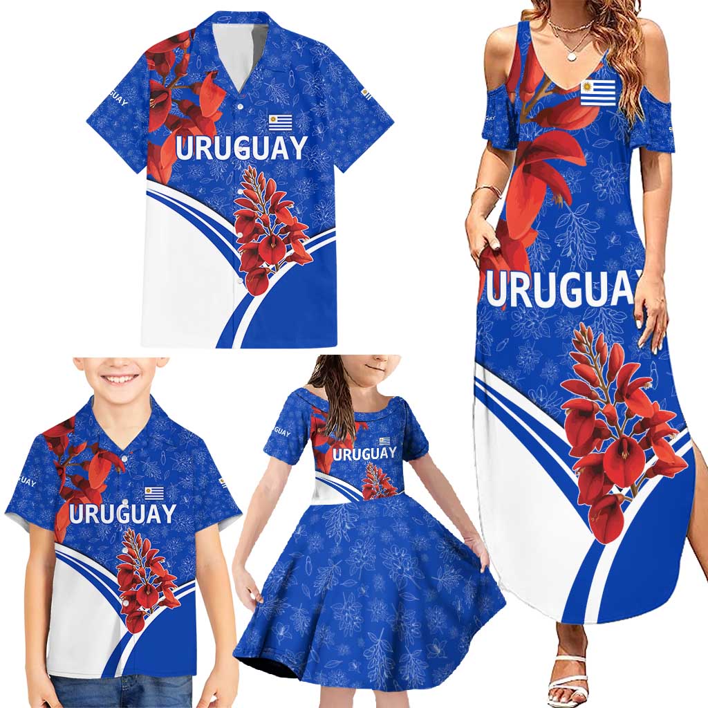 Uruguay Family Matching Summer Maxi Dress and Hawaiian Shirt with Erythrina Flower Illustration Blue White Nature - Wonder Print Shop