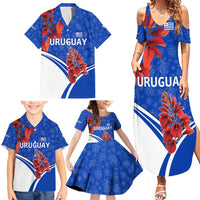 Uruguay Family Matching Summer Maxi Dress and Hawaiian Shirt with Erythrina Flower Illustration Blue White Nature - Wonder Print Shop