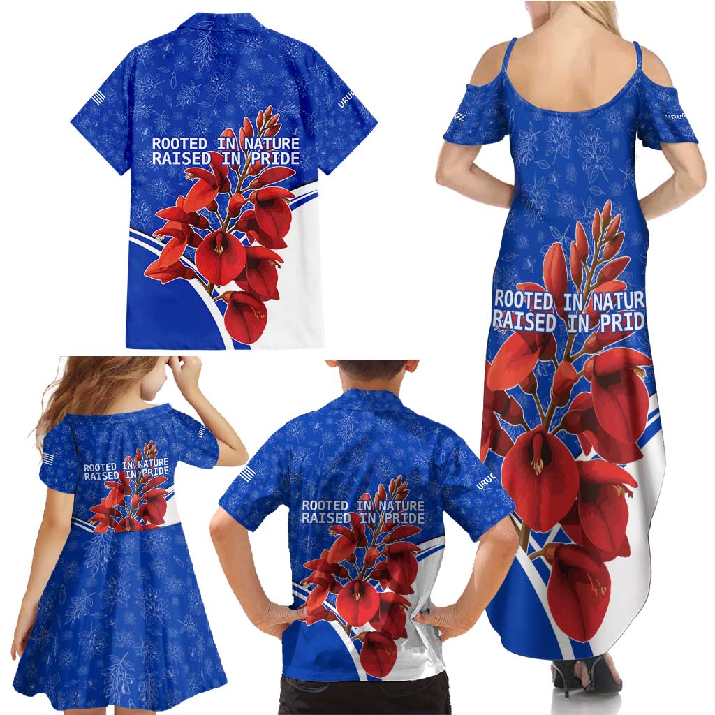 Uruguay Family Matching Summer Maxi Dress and Hawaiian Shirt with Erythrina Flower Illustration Blue White Nature - Wonder Print Shop