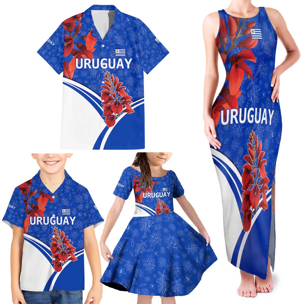 Uruguay Family Matching Tank Maxi Dress and Hawaiian Shirt with Erythrina Flower Illustration Blue White Nature - Wonder Print Shop