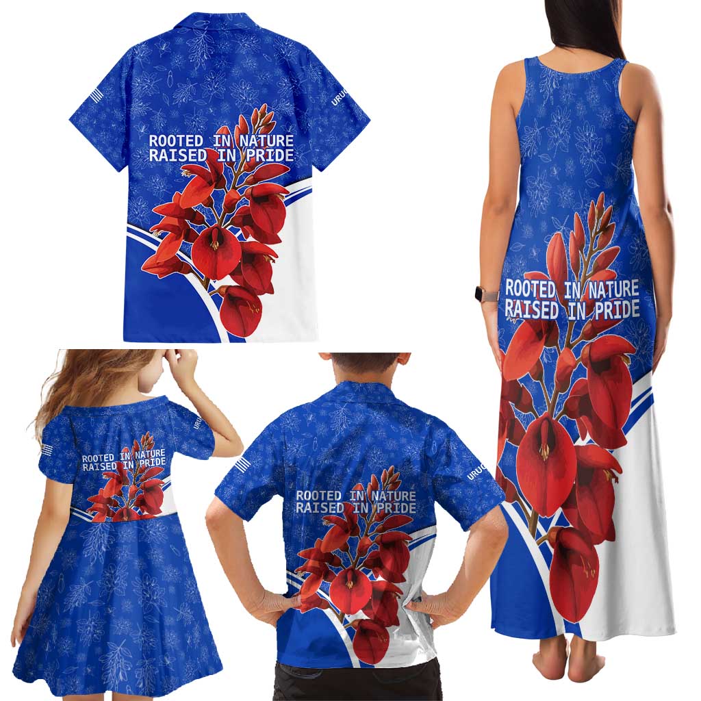 Uruguay Family Matching Tank Maxi Dress and Hawaiian Shirt with Erythrina Flower Illustration Blue White Nature - Wonder Print Shop
