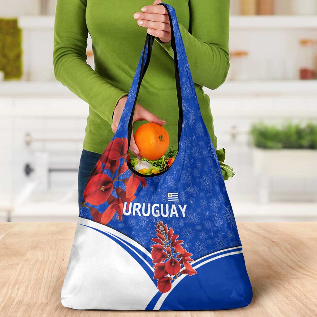 Uruguay Grocery Bag with Erythrina Flower Illustration Blue White Nature - Wonder Print Shop