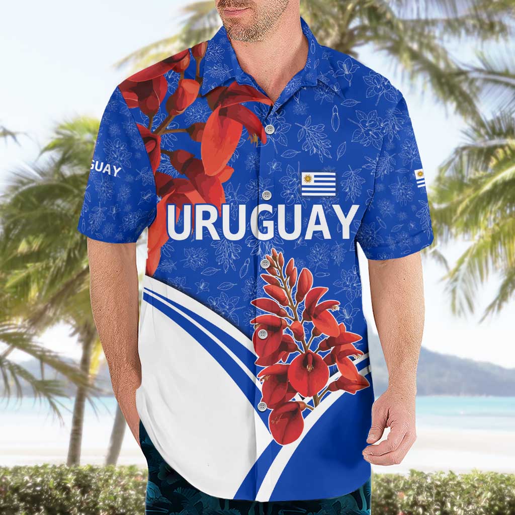 Uruguay Hawaiian Shirt with Erythrina Flower Illustration Blue White Nature - Wonder Print Shop
