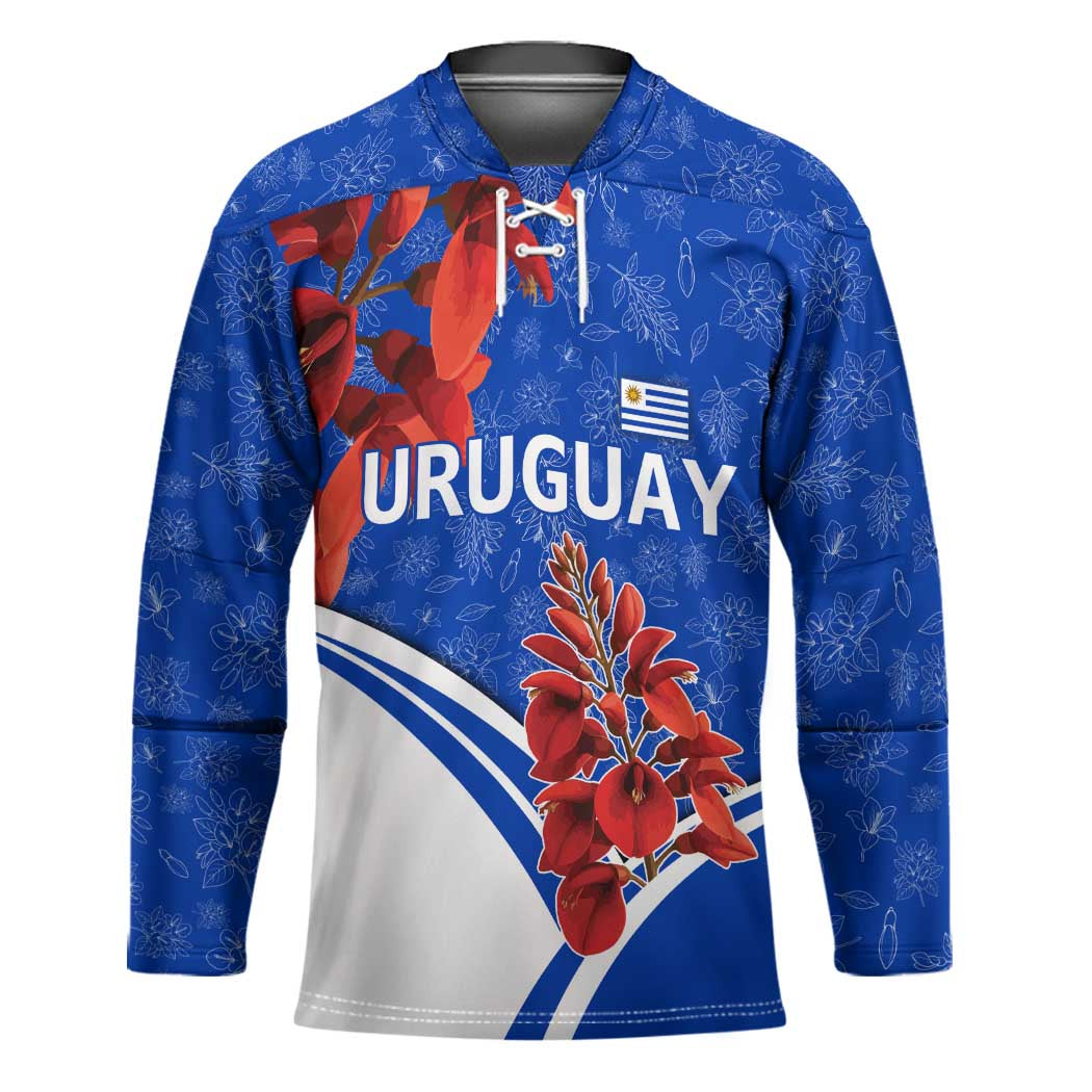 Uruguay Hockey Jersey with Erythrina Flower Illustration Blue White Nature - Wonder Print Shop