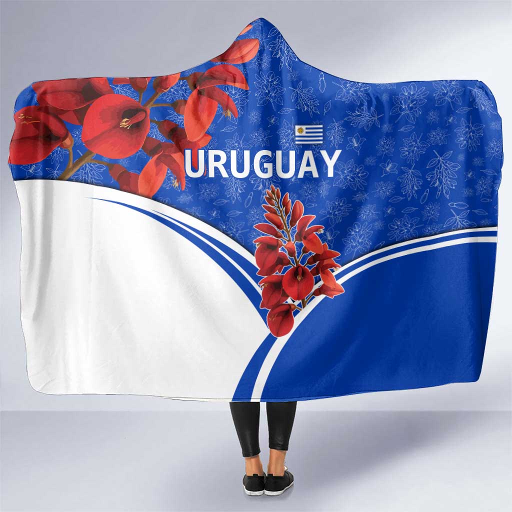 Uruguay Hooded Blanket with Erythrina Flower Illustration Blue White Nature - Wonder Print Shop