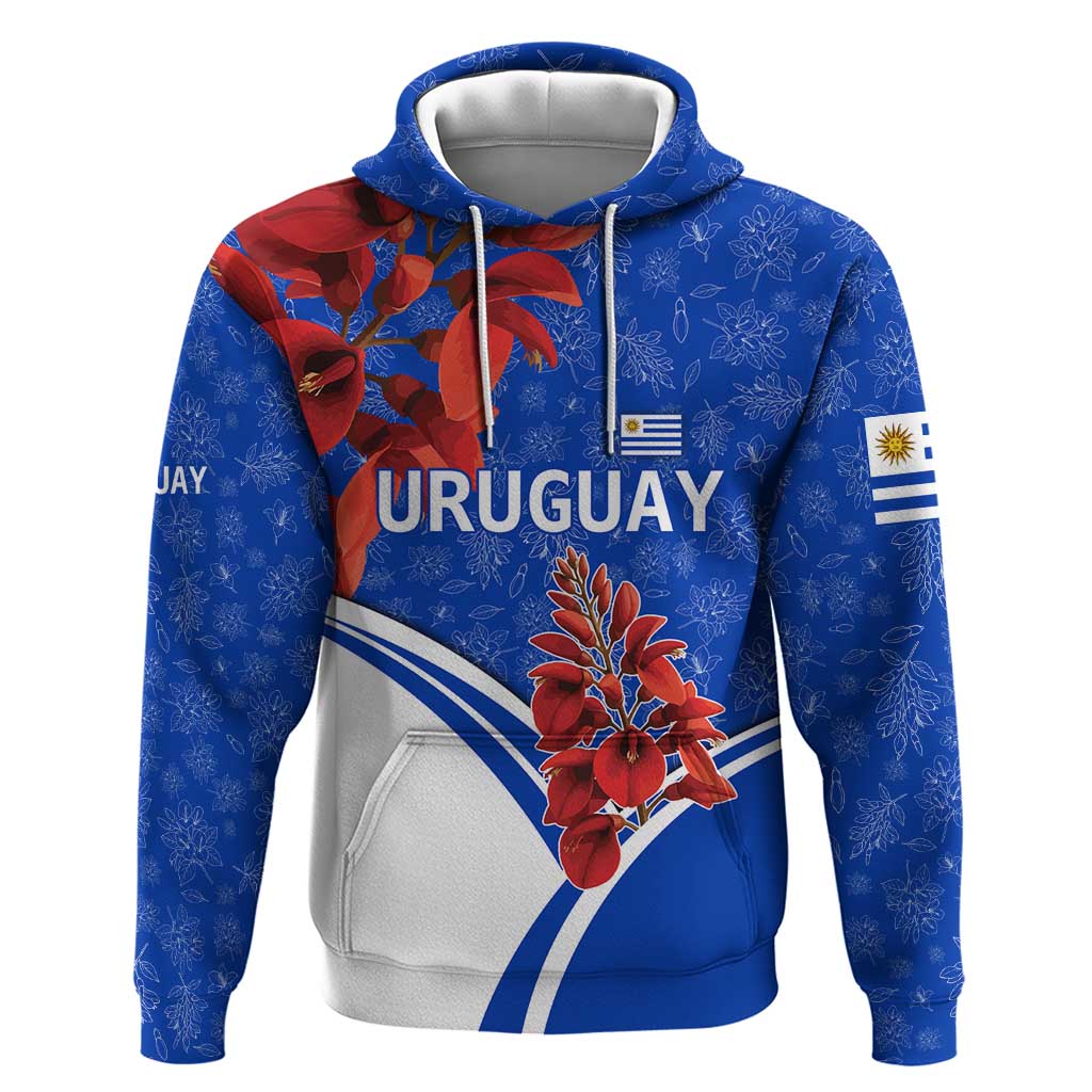 Uruguay Hoodie with Erythrina Flower Illustration Blue White Nature - Wonder Print Shop