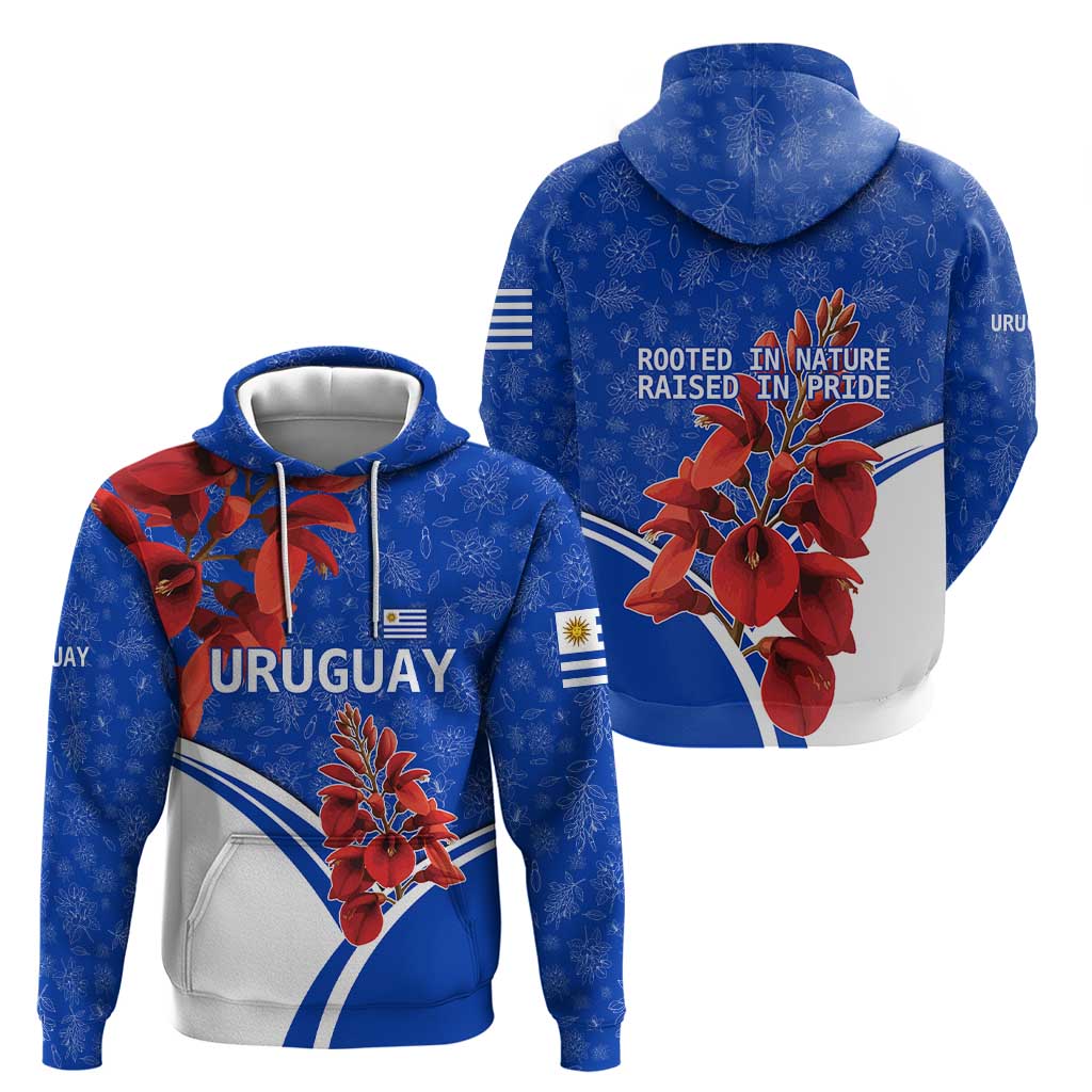 Uruguay Hoodie with Erythrina Flower Illustration Blue White Nature - Wonder Print Shop