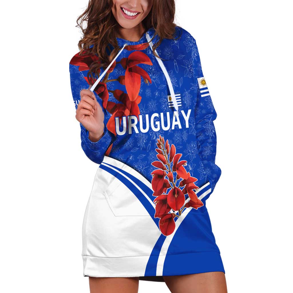 Uruguay Hoodie Dress with Erythrina Flower Illustration Blue White Nature - Wonder Print Shop
