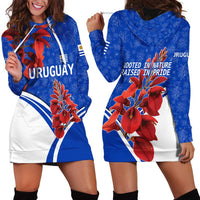 Uruguay Hoodie Dress with Erythrina Flower Illustration Blue White Nature - Wonder Print Shop
