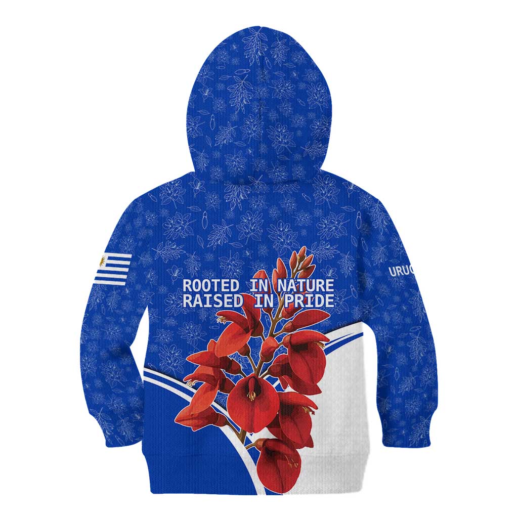 Uruguay Kid Hoodie with Erythrina Flower Illustration Blue White Nature - Wonder Print Shop