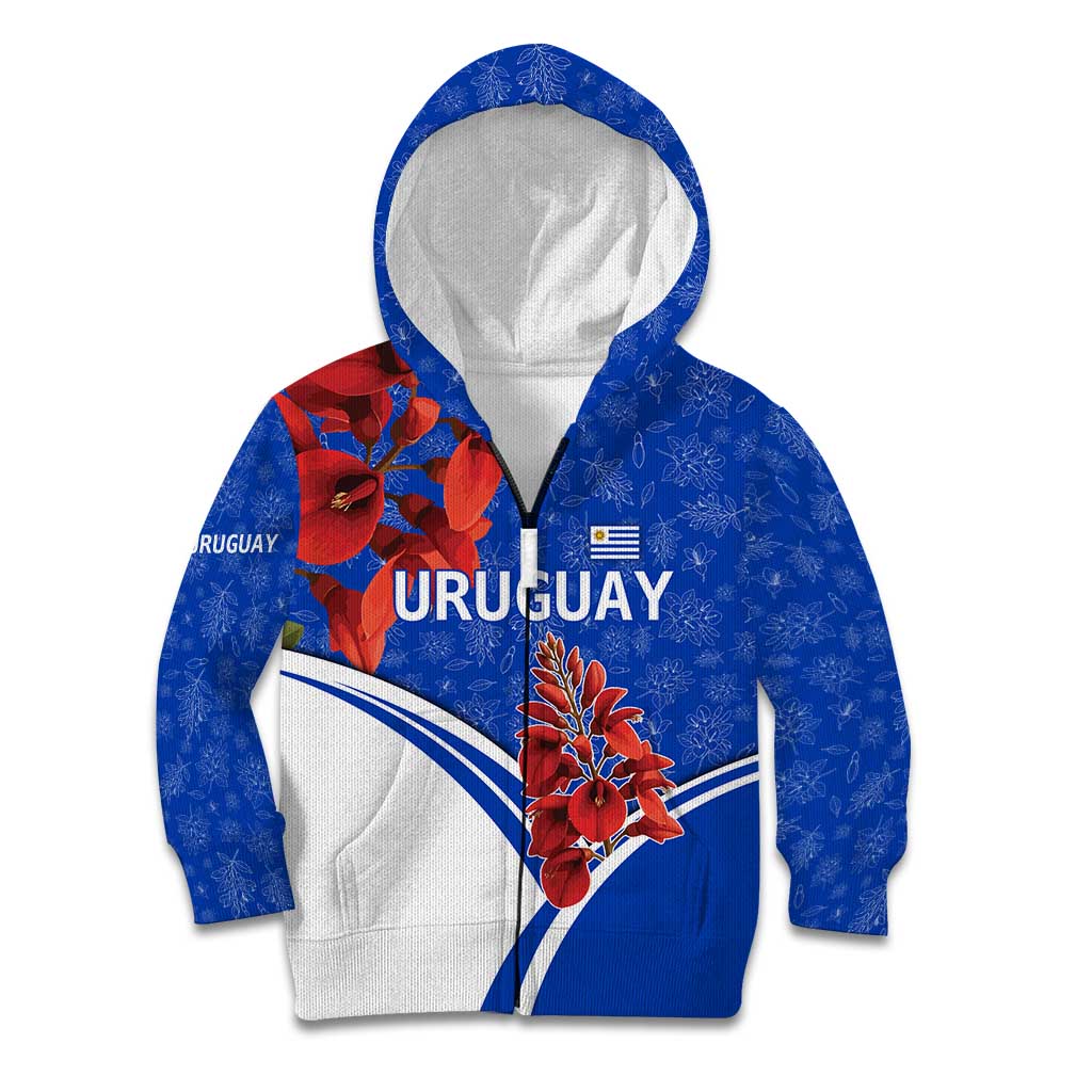 Uruguay Kid Hoodie with Erythrina Flower Illustration Blue White Nature - Wonder Print Shop