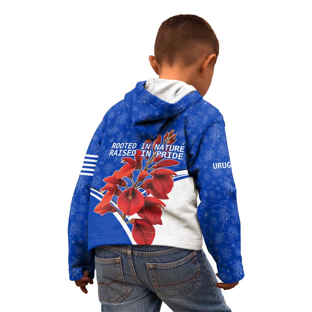 Uruguay Kid Hoodie with Erythrina Flower Illustration Blue White Nature - Wonder Print Shop