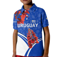 Uruguay Kid Polo Shirt with Erythrina Flower Illustration Blue White Nature - Wonder Print Shop