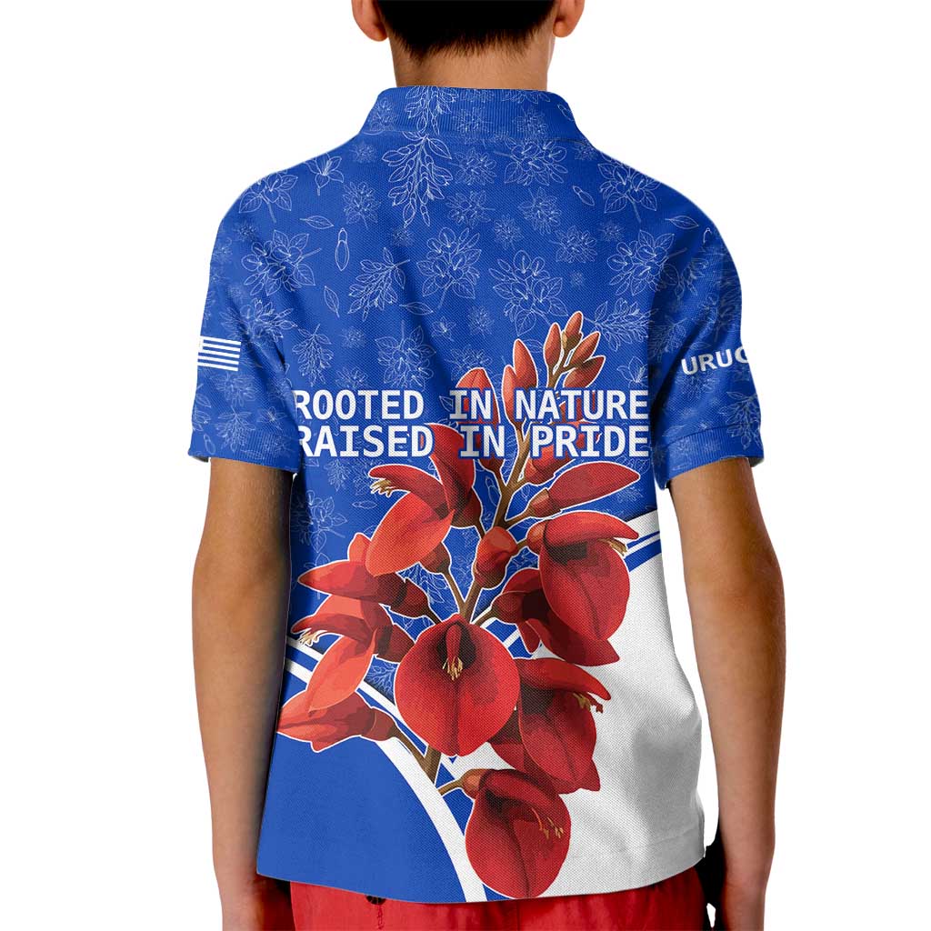 Uruguay Kid Polo Shirt with Erythrina Flower Illustration Blue White Nature - Wonder Print Shop