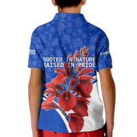 Uruguay Kid Polo Shirt with Erythrina Flower Illustration Blue White Nature - Wonder Print Shop