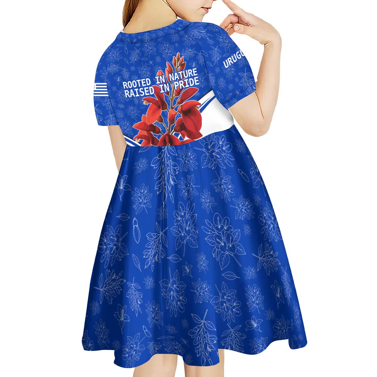 Uruguay Kid Short Sleeve Dress with Erythrina Flower Illustration Blue White Nature - Wonder Print Shop