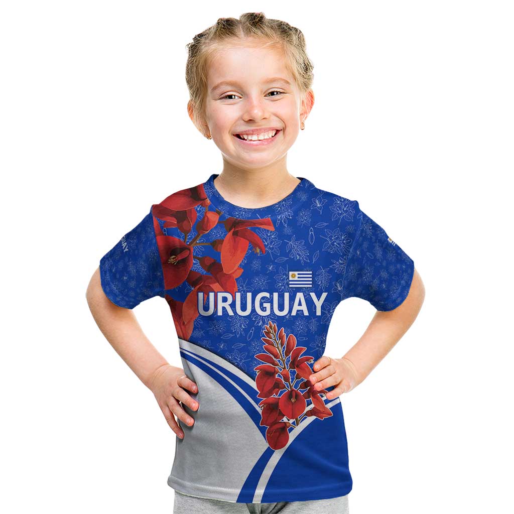 Uruguay Kid T Shirt with Erythrina Flower Illustration Blue White Nature - Wonder Print Shop