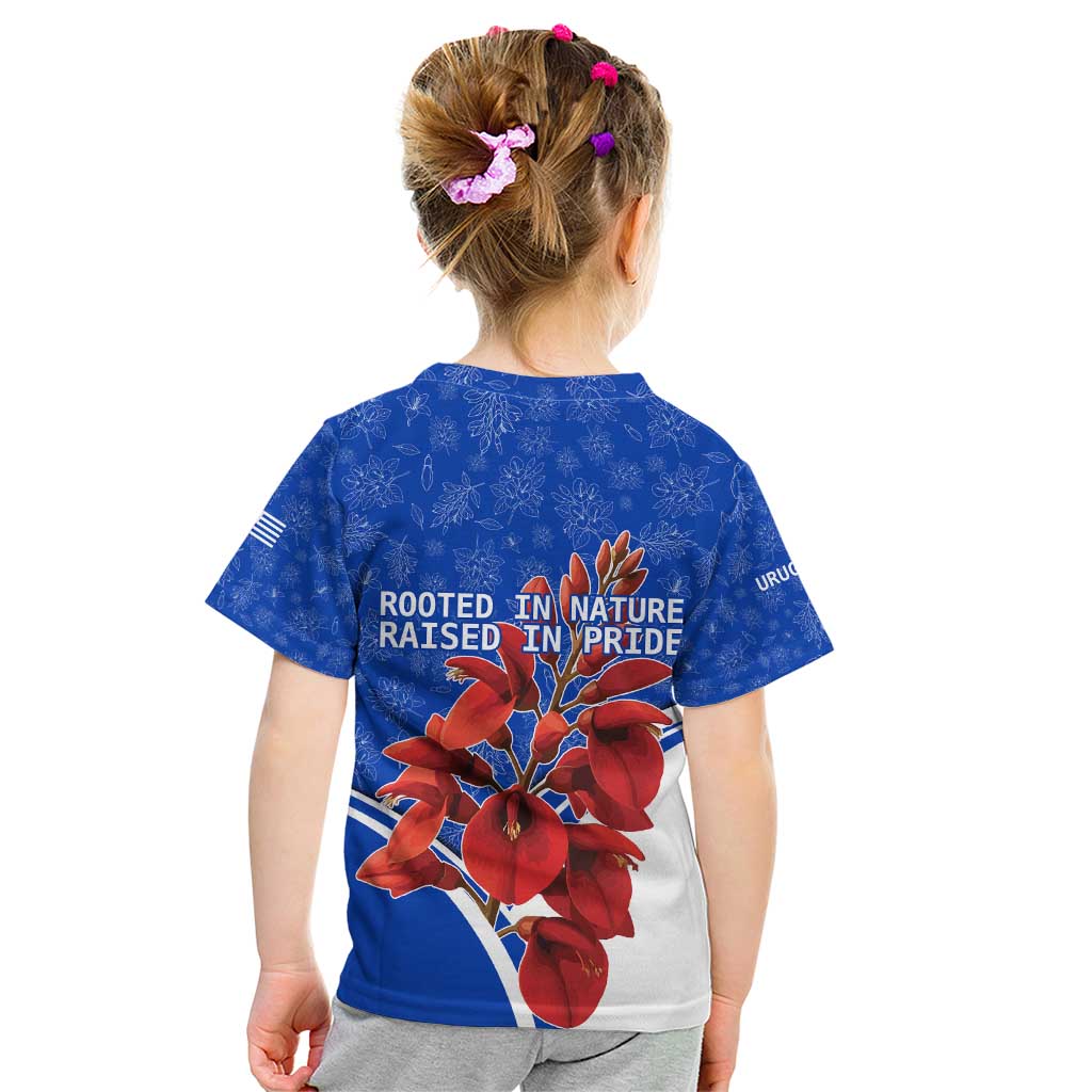 Uruguay Kid T Shirt with Erythrina Flower Illustration Blue White Nature - Wonder Print Shop