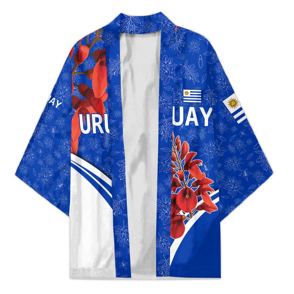 Uruguay Kimono with Erythrina Flower Illustration Blue White Nature - Wonder Print Shop