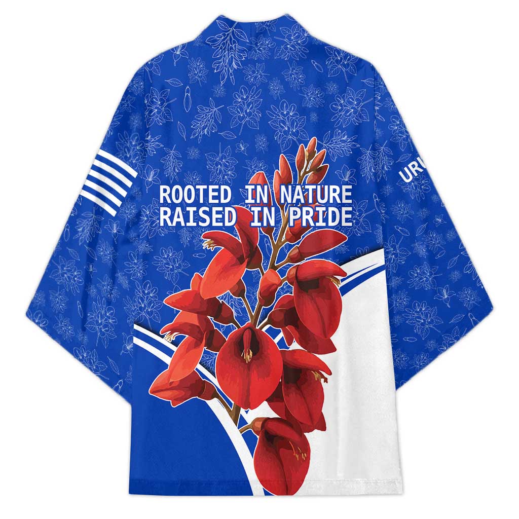 Uruguay Kimono with Erythrina Flower Illustration Blue White Nature - Wonder Print Shop