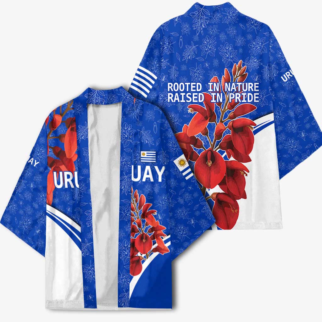 Uruguay Kimono with Erythrina Flower Illustration Blue White Nature - Wonder Print Shop