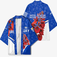 Uruguay Kimono with Erythrina Flower Illustration Blue White Nature - Wonder Print Shop