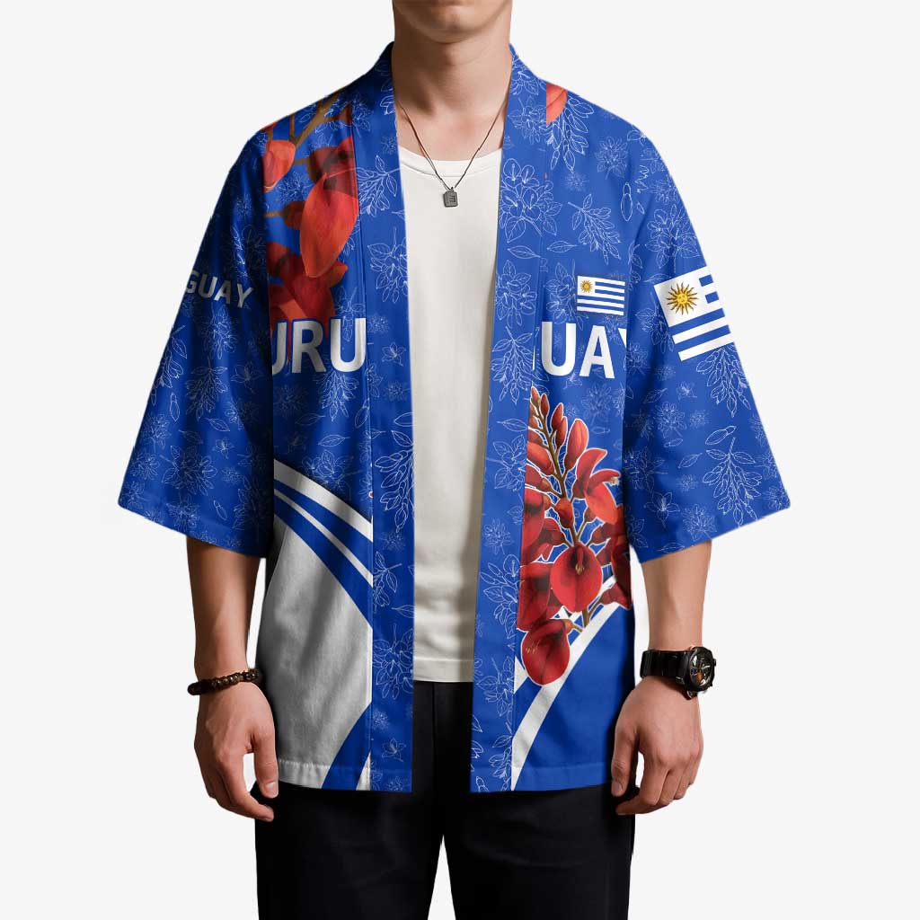 Uruguay Kimono with Erythrina Flower Illustration Blue White Nature - Wonder Print Shop