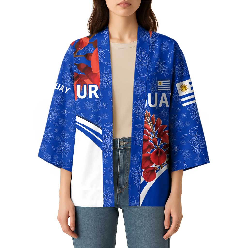 Uruguay Kimono with Erythrina Flower Illustration Blue White Nature - Wonder Print Shop