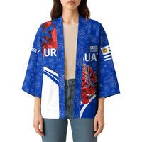 Uruguay Kimono with Erythrina Flower Illustration Blue White Nature - Wonder Print Shop