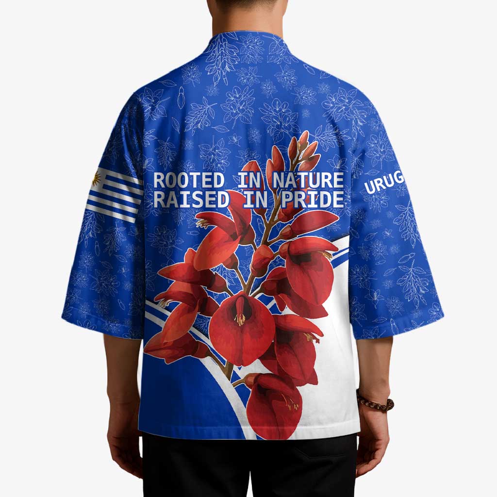 Uruguay Kimono with Erythrina Flower Illustration Blue White Nature - Wonder Print Shop