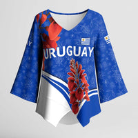 Uruguay Kimono Sleeve Blouse with Erythrina Flower Illustration Blue White Nature - Wonder Print Shop