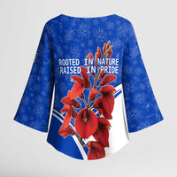 Uruguay Kimono Sleeve Blouse with Erythrina Flower Illustration Blue White Nature - Wonder Print Shop