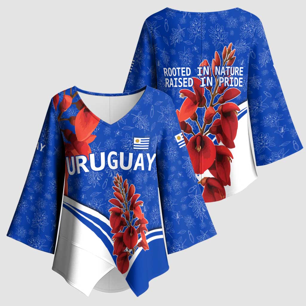 Uruguay Kimono Sleeve Blouse with Erythrina Flower Illustration Blue White Nature - Wonder Print Shop