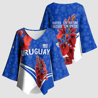 Uruguay Kimono Sleeve Blouse with Erythrina Flower Illustration Blue White Nature - Wonder Print Shop
